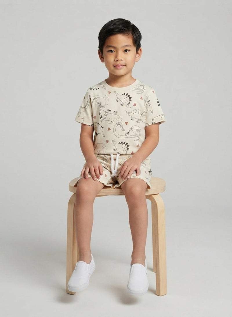 babyqlo Boys Beige Dinosaur Print T-Shirt and Shorts Co-ord Set - Image 4