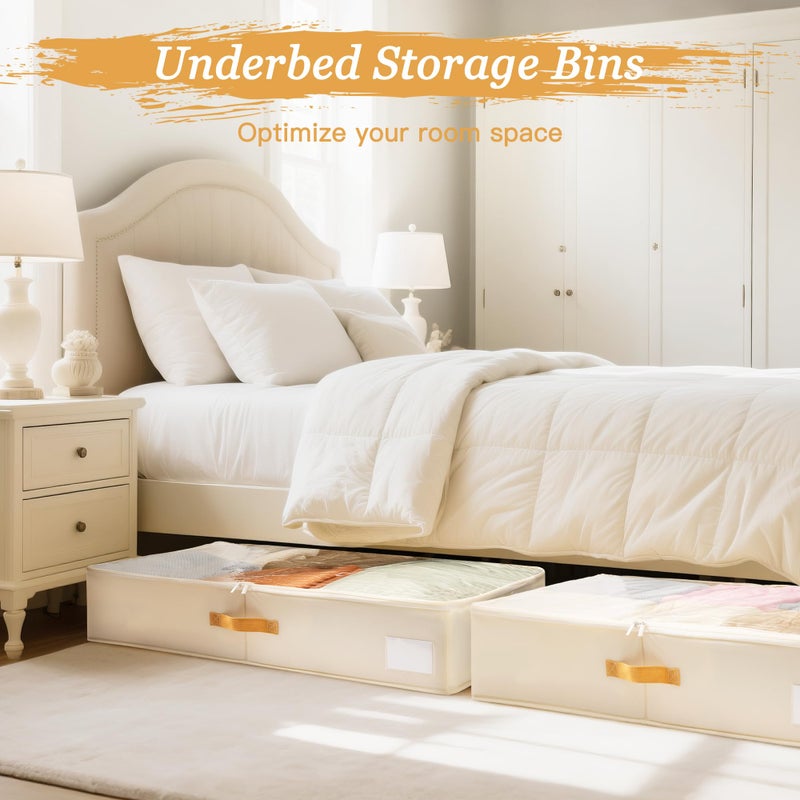 Criusia Under Bed Storage Bins with Clear PVC Lids â€“ 2 Pack Large Underbed Organizers with Heavy-Duty Handles, Reinforced with 800G PP Panels & 80G Non-Woven Fabric â€“ Waterproof & Foldable, Beige - Image 4