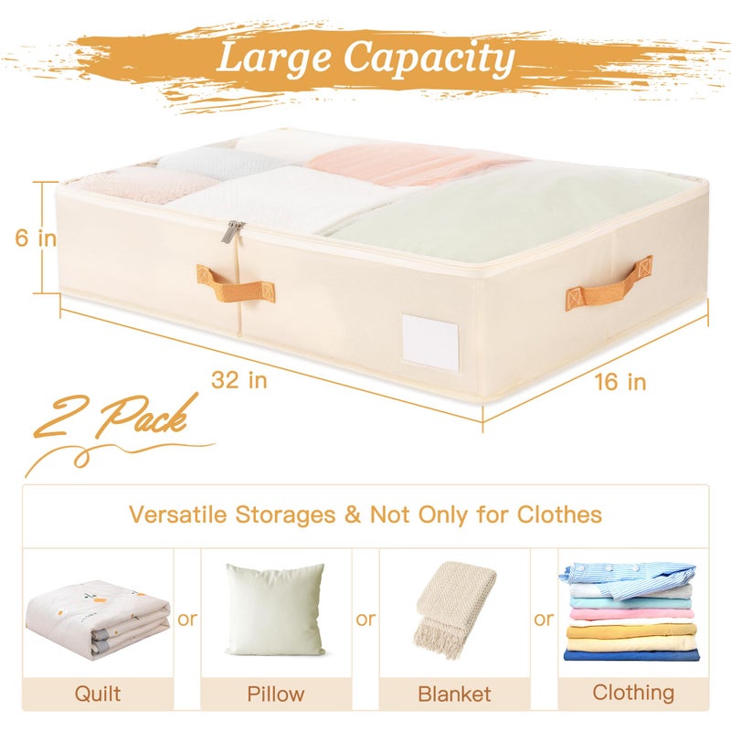 Criusia Under Bed Storage Bins with Clear PVC Lids â€“ 2 Pack Large Underbed Organizers with Heavy-Duty Handles, Reinforced with 800G PP Panels & 80G Non-Woven Fabric â€“ Waterproof & Foldable, Beige - Image 2