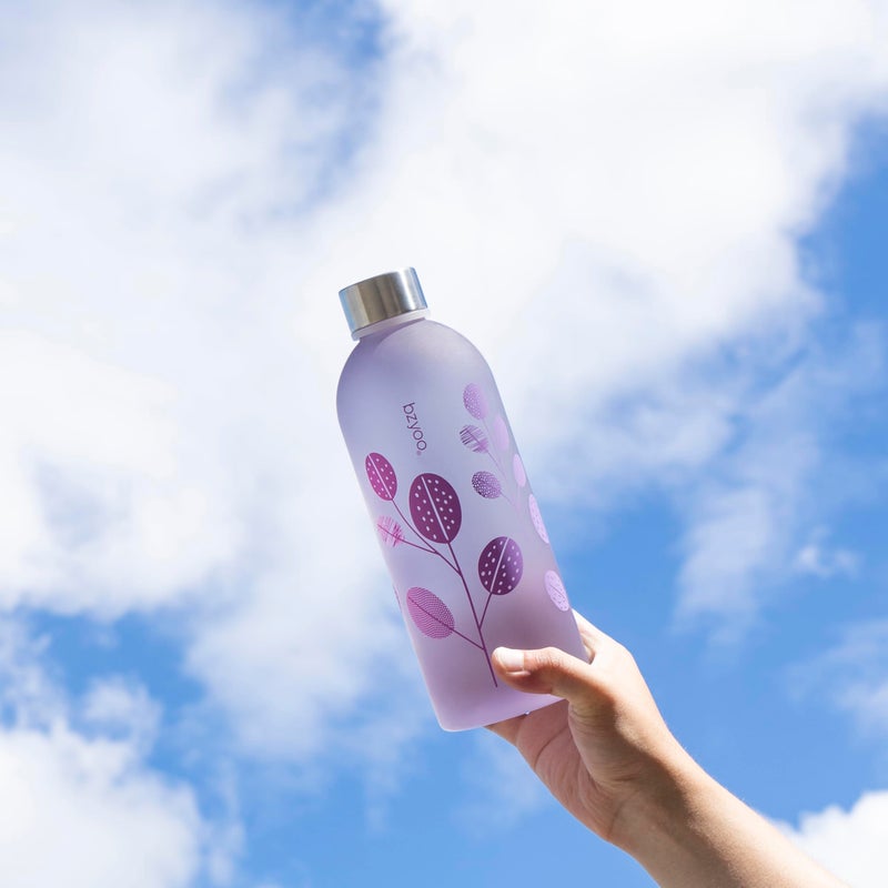bzyoo 32oz 1 Liter Clear Water Bottle with Time Marker  Leaf Design  Durable Plastic  BPA-Free  Reusable with Measurement Markings for Fitness and Outdoor Activities (Color: Purple) - Image 2