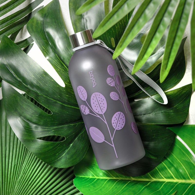 bzyoo 32oz 1 Liter Clear Water Bottle with Time Marker  Leaf Design  Durable Plastic  BPA-Free  Reusable with Measurement Markings for Fitness and Outdoor Activities (Color: Purple) - Image 3