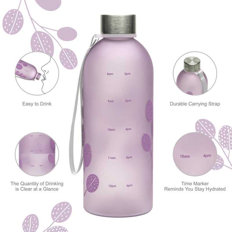bzyoo 32oz 1 Liter Clear Water Bottle with Time Marker  Leaf Design  Durable Plastic  BPA-Free  Reusable with Measurement Markings for Fitness and Outdoor Activities (Color: Purple) - Image 5