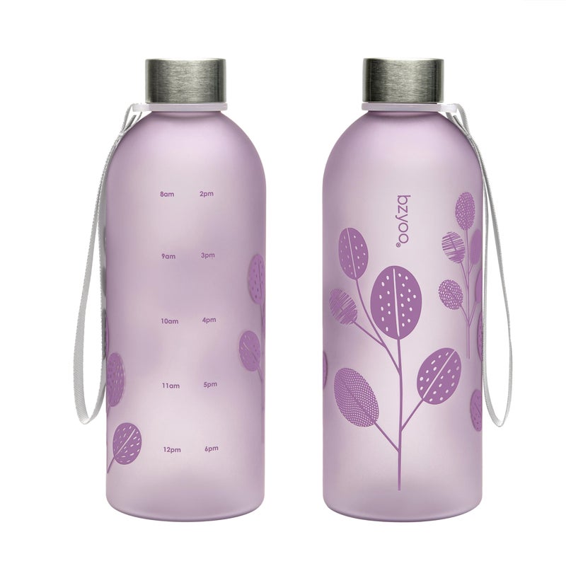 bzyoo 32oz 1 Liter Clear Water Bottle with Time Marker  Leaf Design  Durable Plastic  BPA-Free  Reusable with Measurement Markings for Fitness and Outdoor Activities (Color: Purple) - Image 1