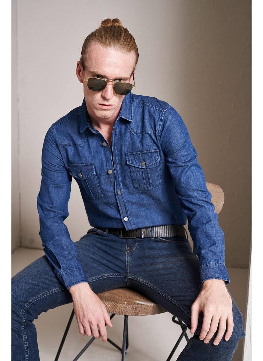 Tena Men's Medium Blue Long Sleeve Double Pocket Slim Fit Denim Shirt  - Image 1