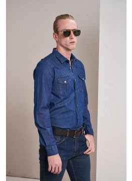 Tena Men's Medium Blue Long Sleeve Double Pocket Slim Fit Denim Shirt  - Image 3
