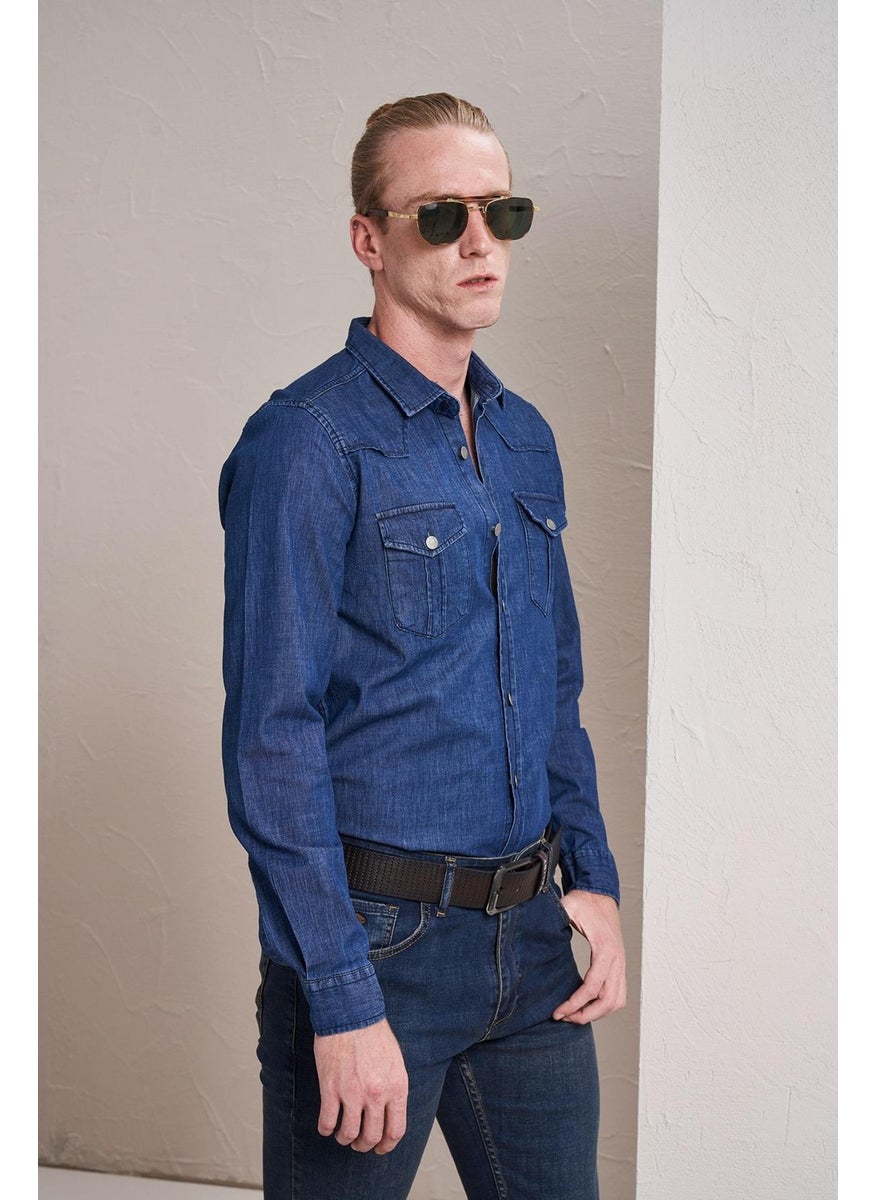Tena Men's Medium Blue Long Sleeve Double Pocket Slim Fit Denim Shirt  - Image 3