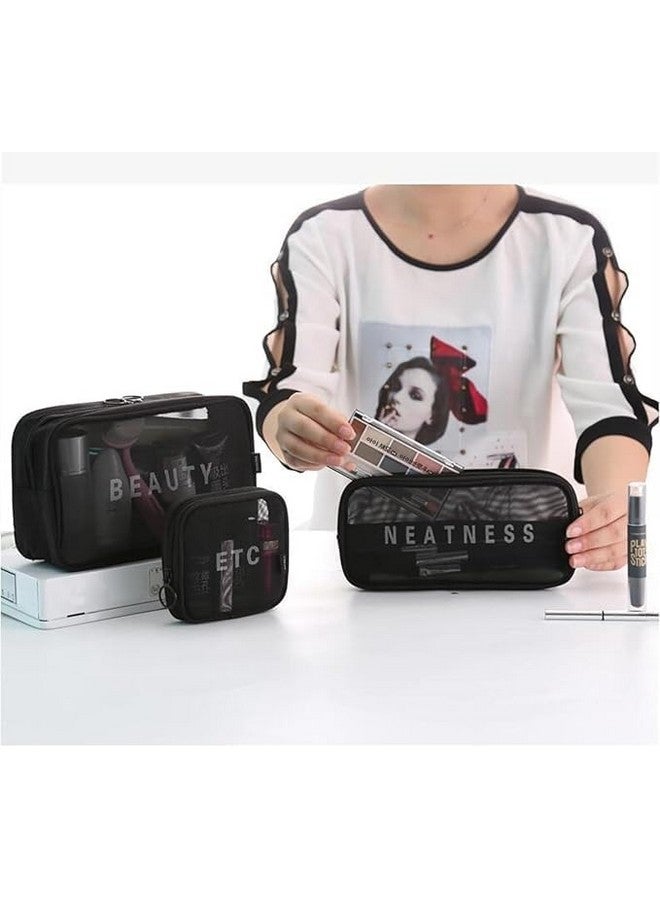 LEKORED Cosmetic Organizer Bag Mesh Makeup Pouch for Women Travel Toiletry Bag for Cosmetics Brushes Accessories Zippered Portable Carry Pouch (Set of 3) - Image 4