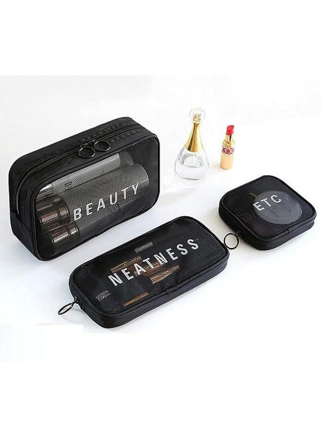 LEKORED Cosmetic Organizer Bag Mesh Makeup Pouch for Women Travel Toiletry Bag for Cosmetics Brushes Accessories Zippered Portable Carry Pouch (Set of 3) - Image 2