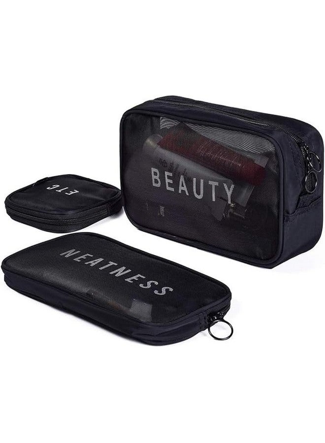LEKORED Cosmetic Organizer Bag Mesh Makeup Pouch for Women Travel Toiletry Bag for Cosmetics Brushes Accessories Zippered Portable Carry Pouch (Set of 3) - Image 1