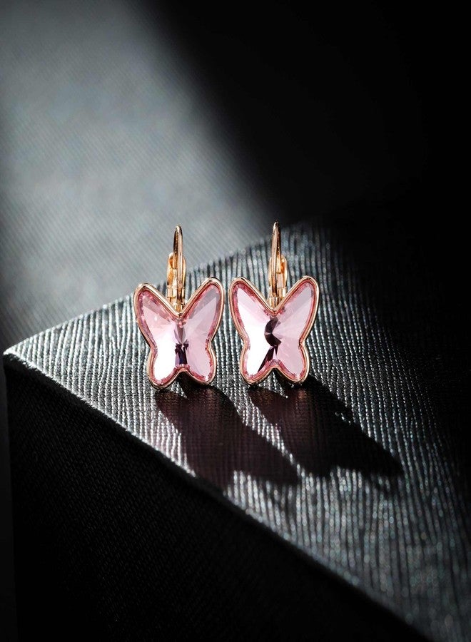 EVEVIC Austrian Crystal Butterfly Earrings Drop Leverback Earrings for Women 14K Rose Gold Plated Hypoallergenic Jewelry Gifts (Pink) - Image 5