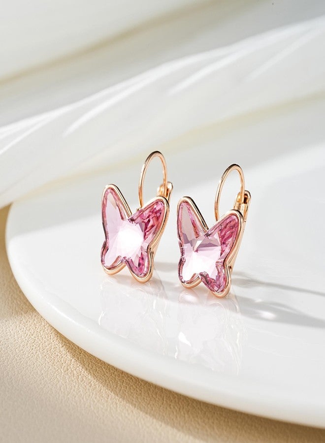 EVEVIC Austrian Crystal Butterfly Earrings Drop Leverback Earrings for Women 14K Rose Gold Plated Hypoallergenic Jewelry Gifts (Pink) - Image 3