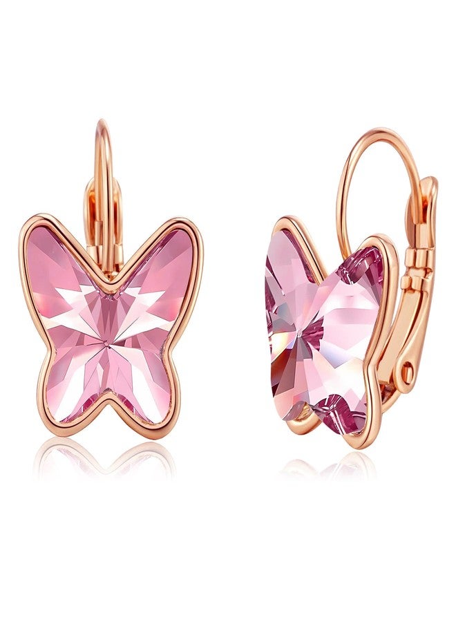 EVEVIC Austrian Crystal Butterfly Earrings Drop Leverback Earrings for Women 14K Rose Gold Plated Hypoallergenic Jewelry Gifts (Pink) - Image 1