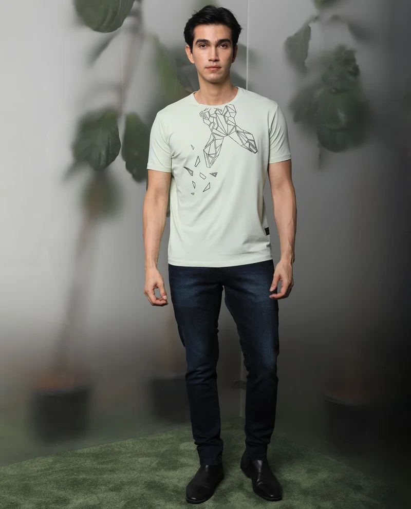Rare Rabbit Rare Rabbit Men's Loginn Olive Crew Neck HD Print Logo Half Sleeves Regular Fit T-Shirt