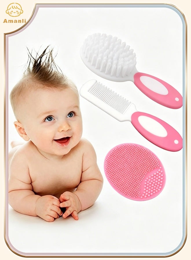 Amanli Baby Hair Brush, Cradle Cap Brush, Baby Hair Comb, Baby Hair Brush and Comb Set for Newborns & Toddlers, Baby Brush Soft Bristles, Ideal for Cradle Cap, Perfect Baby Registry Gift (Pink) - Image 1