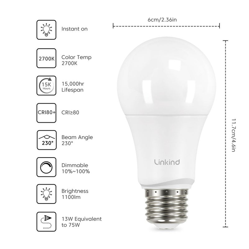 Linkind A19 LED Light Bulbs, 75 Watt Equivalent Dimmable Light Bulbs, E26 Base, 2700K Soft White, 13W 1100 Lumens, UL Listed FCC Certified, Lighting for Bedroom Living Room Home Office, 6 Packs - Image 2