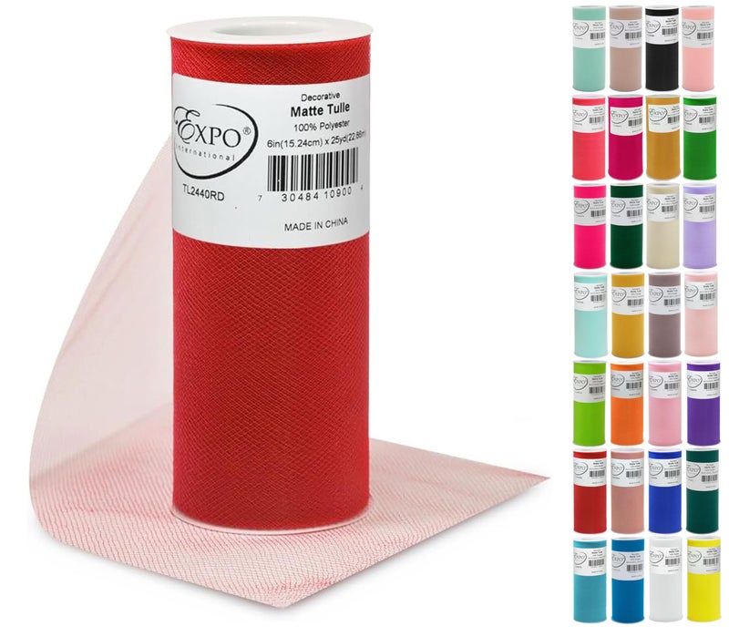 Expo International Decorative Matte Tulle, Lightweight Polyester Tulle Fabric for Tutus, Costumes, and Party Decorations, Washable, Easy-to-Use, 6 Inch x 25 Yards, Red, Pack of 1 - Image 1