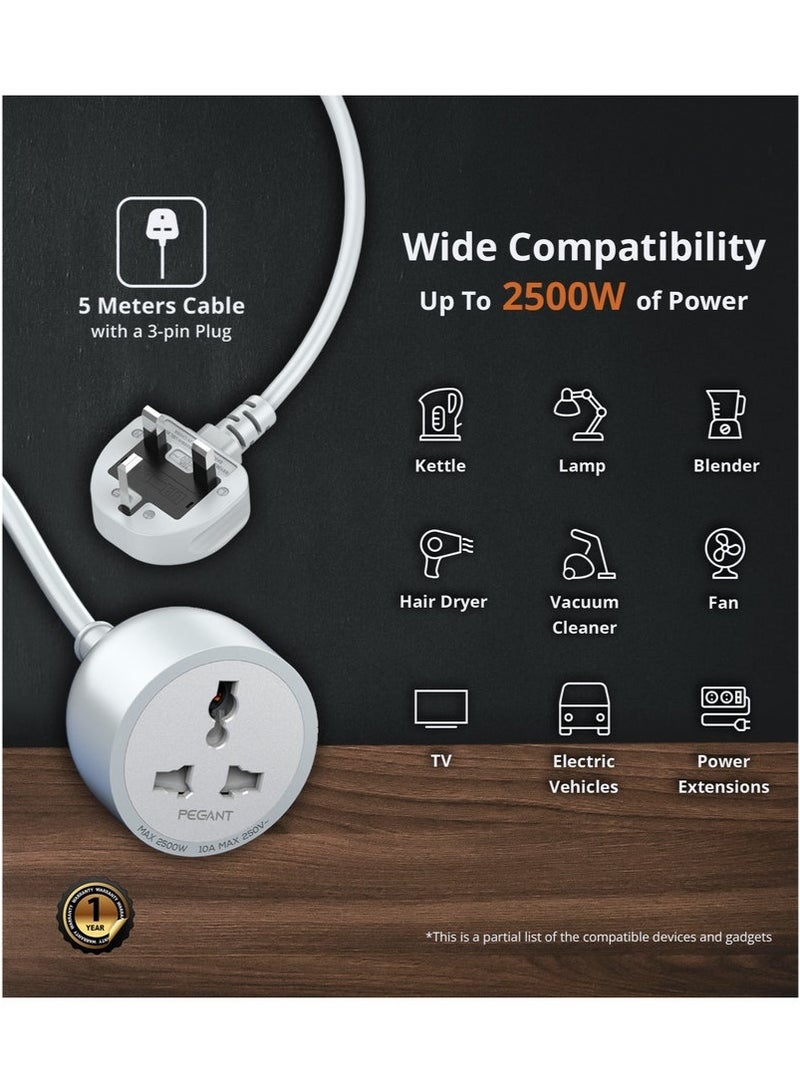 كيلا سلك تمديد طاقة عالمي أحادي الاتجاه بطول 5 أمتار، كابل تمديد بمقبس واحد بطول 5 أمتار، سلك كهربائي بقوة 2500 وات بمقبس واحد للمكتب والطاولة والأرضية والمكتب والسيارة - Image 5