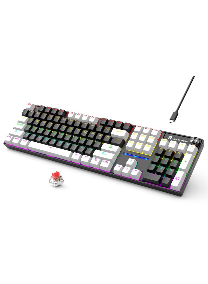 Rock Pow ROCK POW Wired Gaming Keyboard English 104 Keys Mechanical Keyboard with RGB Backlit 19 Modes, Media Control Knob, PBT Keycaps for PC Gaming and Working (Red Switch)  - Image 1