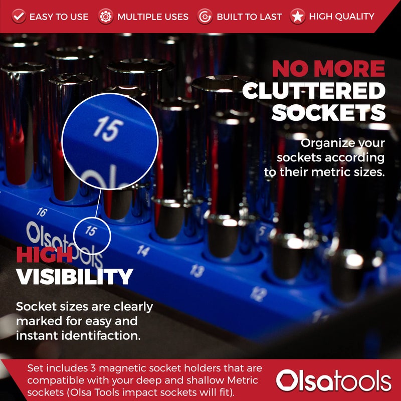 Olsa Tools منظم مفاتيح مغناطيسي من أولا للأدوات | مجموعة حوامل مفاتيح مكونة من 3 قطع | 1/2 بوصة، 3/8 بوصة، 1/4 بوصة | مقاييس زرقاء | يحمل 75 مفتاحًا | احترافي - Image 2