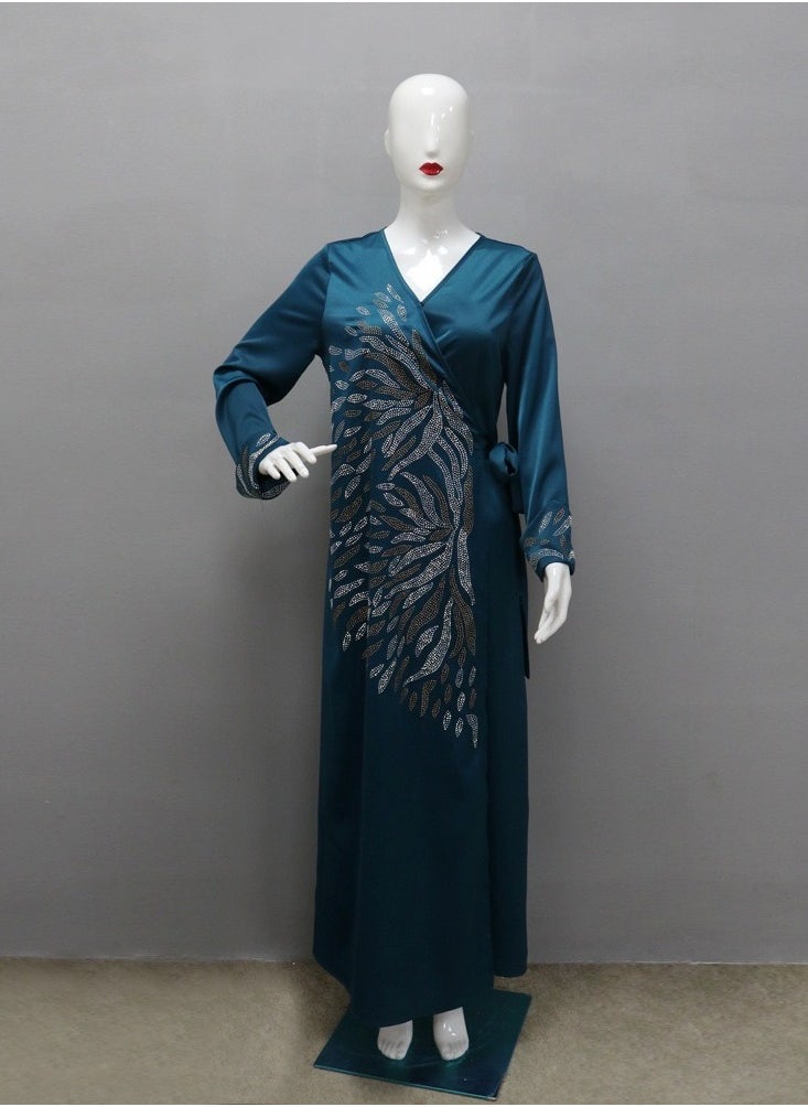 ShineShe Fashionable Green Beaded Abaya Satin Evening Dress Dubai Arab Open-front Robe  - Image 3