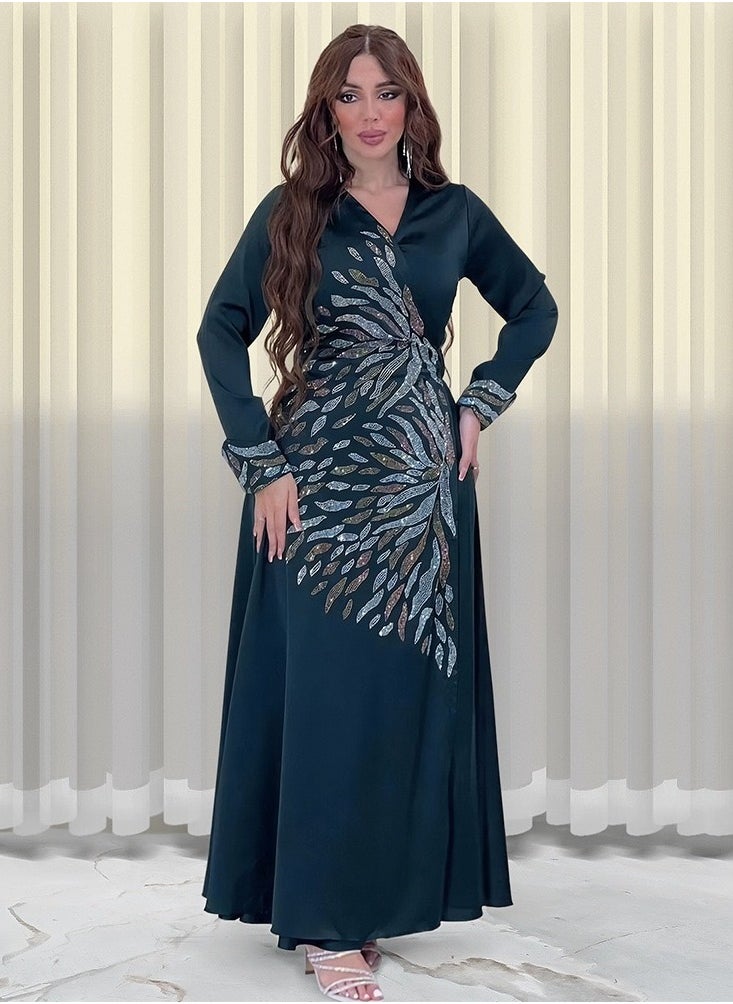 ShineShe Fashionable Green Beaded Abaya Satin Evening Dress Dubai Arab Open-front Robe  - Image 2