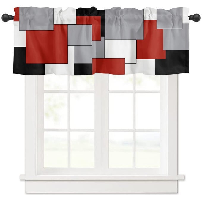 IRREGULAR GEO CURTAIN VALANCE 54 X 18 BLOCK WINDOW VALANCES ROD POCKET CURTAINS DRAPES WHITE GREY BLACK RED ABSTRACT GEOMETRIC SHORT TOPPER CURTAIN FOR KITCHEN CAFE LIVING ROOM 1 PANEL