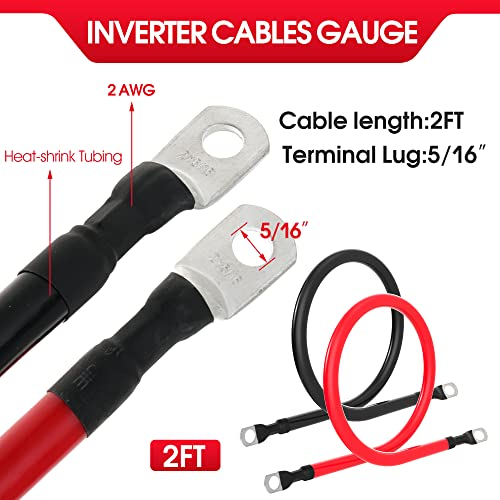 TUELETFU كابل بطارية 2 AWG كابلات عاكس الطاقة 2AWG مع أطراف 5/16 بوصة للاستخدام في السيارات والطاقة الشمسية والبحرية والقوارب والمركبات الترفيهية والدراجات النارية (2 قدم) - Image 2