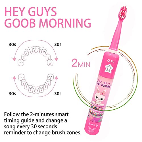 OJV 8620 Musical Electric Toothbrushes for Kids Children, 3 Modes 2 Min Timer, 6 Bristles Rechargeable Power Smart Sonic Music Play Song Toothbrush for Girls Age 3-14 with Wall Mounted Holder (Pink) - Image 2
