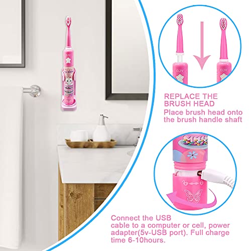OJV 8620 Musical Electric Toothbrushes for Kids Children, 3 Modes 2 Min Timer, 6 Bristles Rechargeable Power Smart Sonic Music Play Song Toothbrush for Girls Age 3-14 with Wall Mounted Holder (Pink) - Image 5