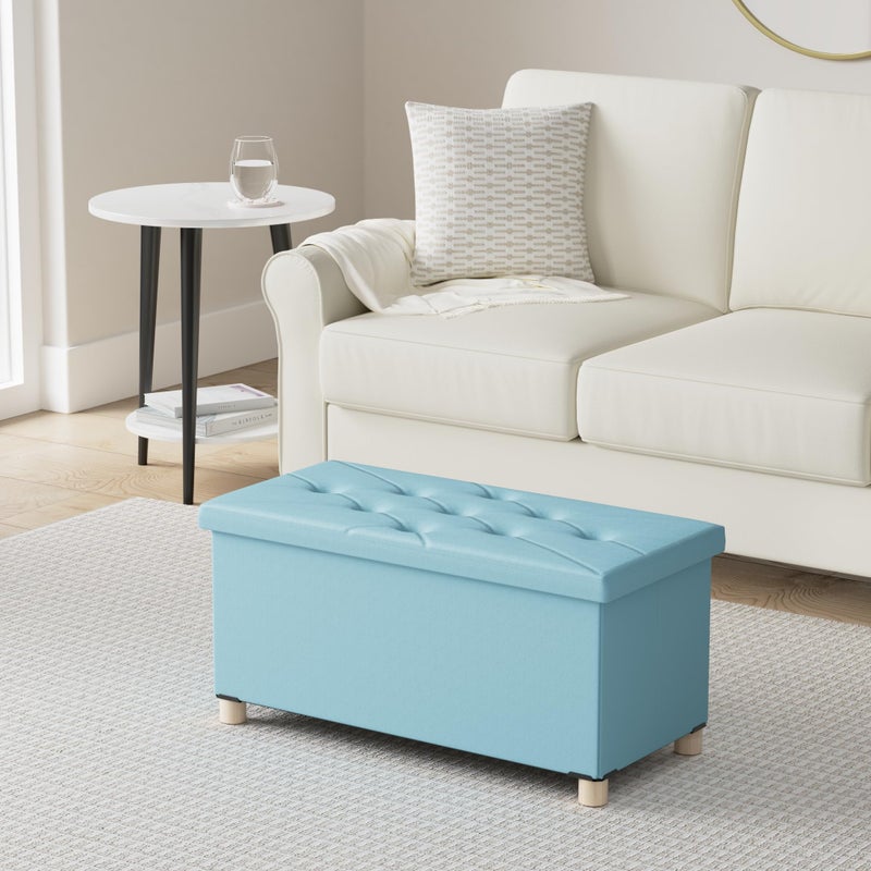BRIAN & DANY 30 Inches Folding Storage Ottoman Bench, Ottoman with Storage for Living Room, with Wooden Feet and Lid, Teal - Image 2