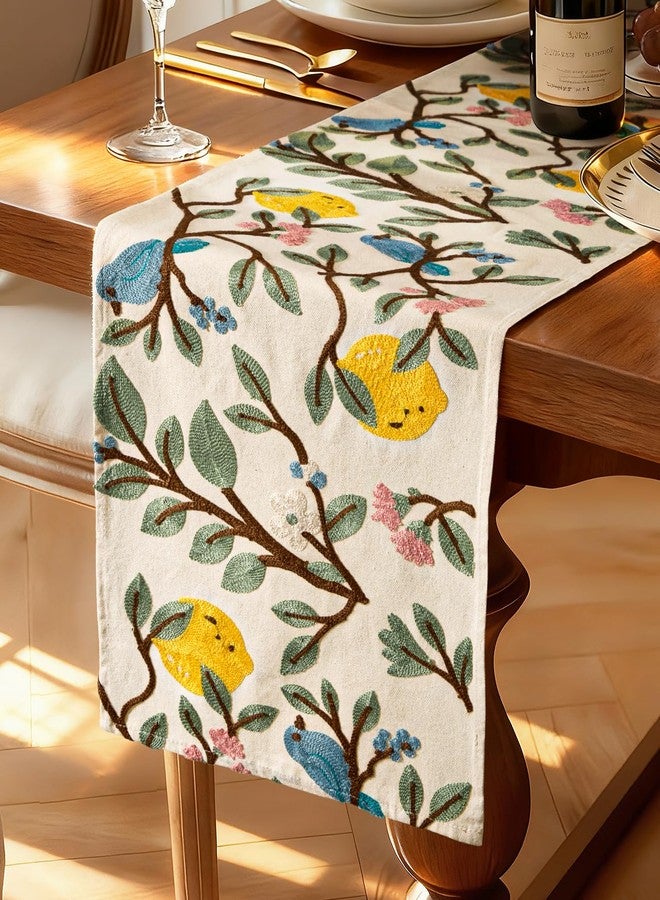 Kokaaee Canvas Embroidered Table Runner - 13"x 90" Coffee Table Runner for Living Room Boho Tablerunner for Dining Room Washable Farmhouse Kitchen Island Counter Decor Housewarming Gift, Lemon Bird - Image 1