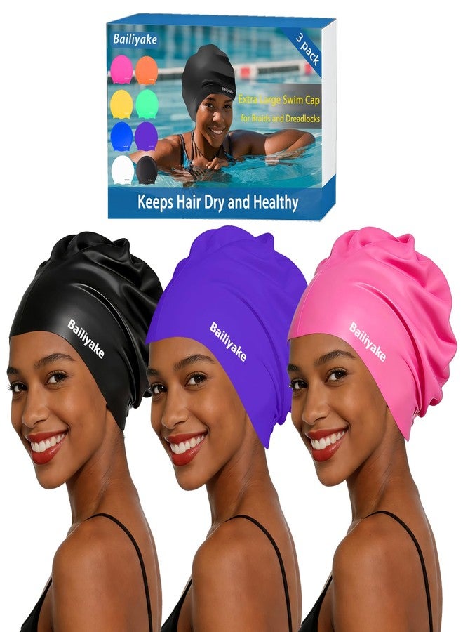 Bailiyake 3 Pack Extra Large Swim Cap for Braids & Dreadlocks - Waterproof Silicone Swim Hat for Women & Men with Long Thick Hair, Protective Swim Cap Cover Ears for Swimming, Shower, Bathing - Image 1