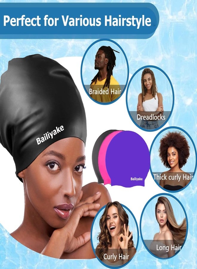Bailiyake 3 Pack Extra Large Swim Cap for Braids & Dreadlocks - Waterproof Silicone Swim Hat for Women & Men with Long Thick Hair, Protective Swim Cap Cover Ears for Swimming, Shower, Bathing - Image 4