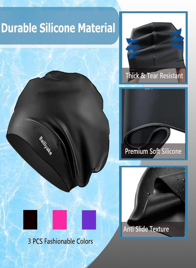 Bailiyake 3 Pack Extra Large Swim Cap for Braids & Dreadlocks - Waterproof Silicone Swim Hat for Women & Men with Long Thick Hair, Protective Swim Cap Cover Ears for Swimming, Shower, Bathing - Image 3