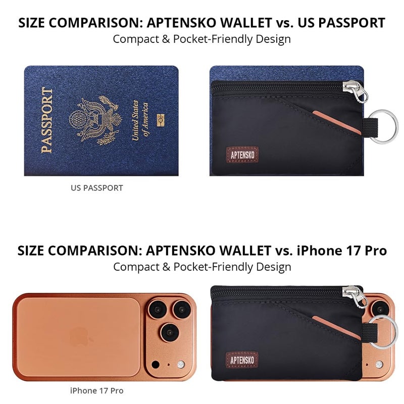 APTENSKO RFID Blocking Travel Wallet with Adjustable Lanyard, Small Nylon Zipper Pouch and Badge Holder for ID, Credit Cards, Cash, Keys, Commuters (Black) - Image 3
