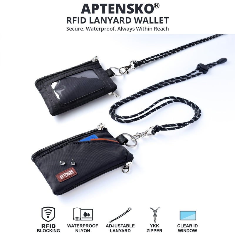 APTENSKO RFID Blocking Travel Wallet with Adjustable Lanyard, Small Nylon Zipper Pouch and Badge Holder for ID, Credit Cards, Cash, Keys, Commuters (Black) - Image 2