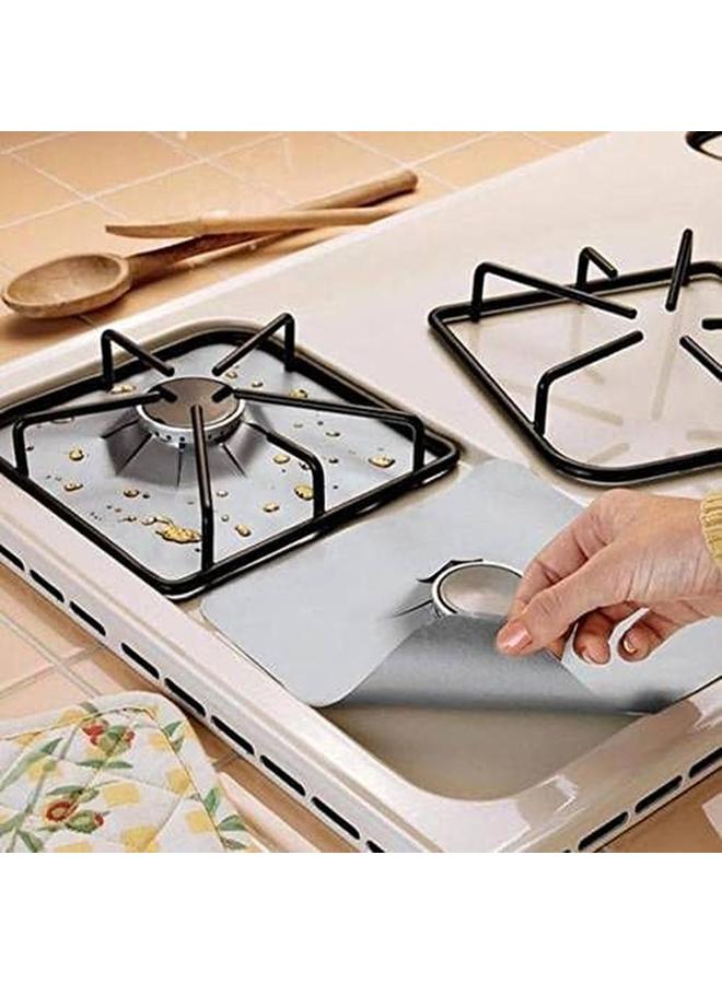 شواي واقيات موقد الموقد 4 قطع باللون الأسود وقابلة لإعادة الاستخدام، واقيات نطاق الغاز غير لاصقة باللون الفضي - Image 3