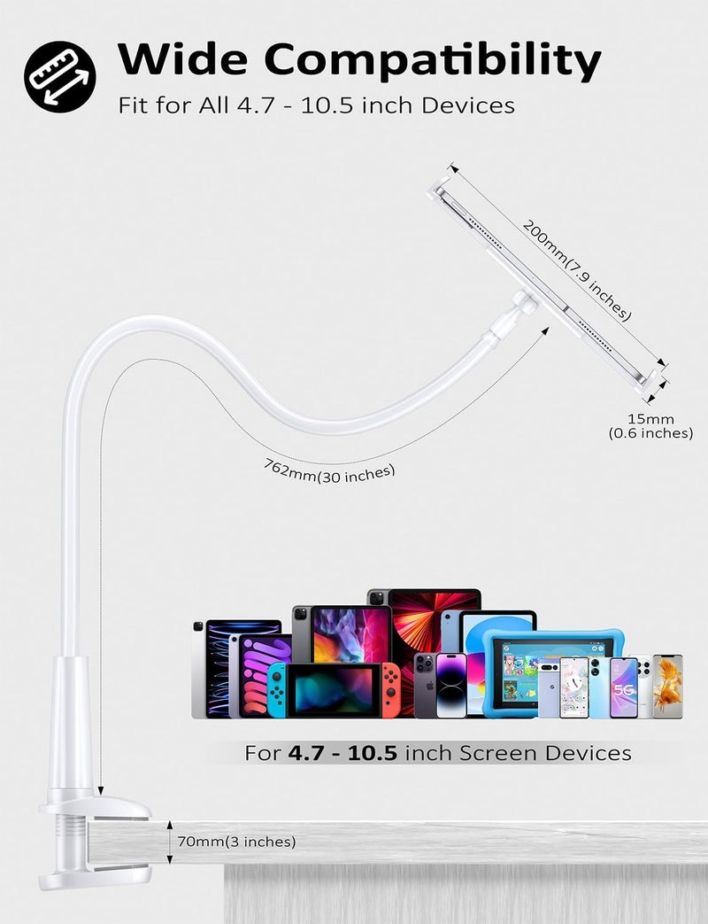 Tryone Gooseneck Tablet Holder Stand for Bed Adjustable Flexible Arm Tablets Mount Clamp on Table Compatible with iPad Air Mini | Galaxy Tabs | Kindle Fire | Switch or Other 4.7-10.5" Devices - Image 5