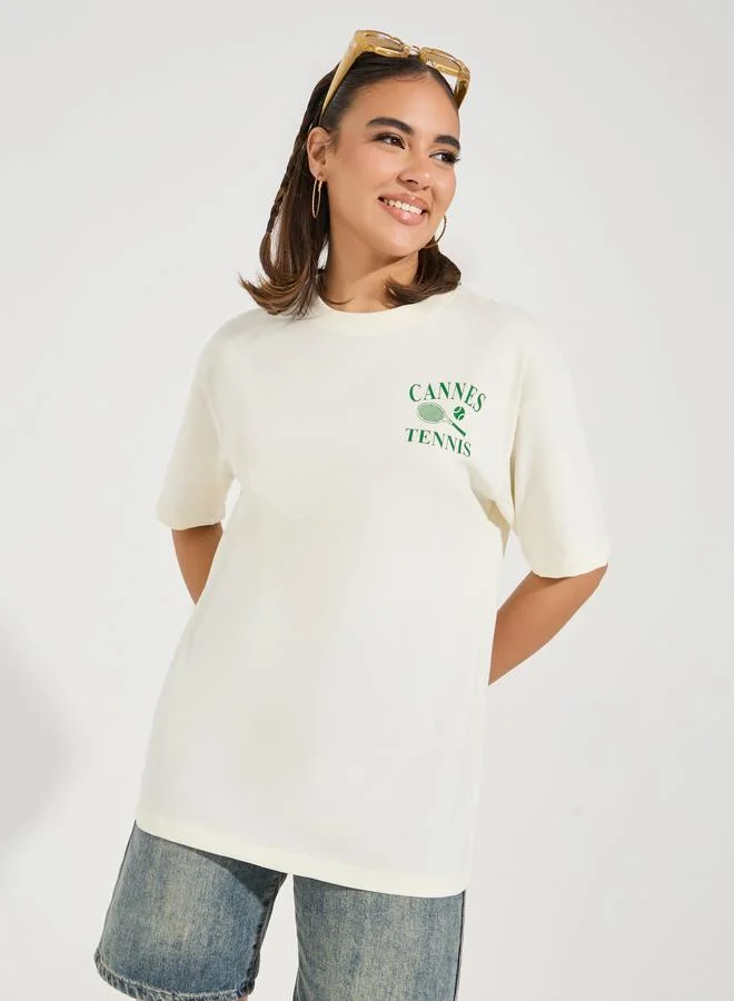 Styli Oversized Cannes Graphic T-Shirt with Dropped Shoulder