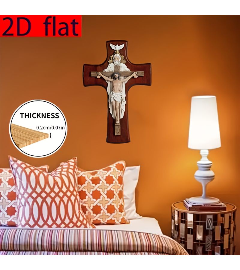 Wooden Cross Wall Hanging 2D Flat Catholic Trinity Christ Inspirational Home Decor - Image 4