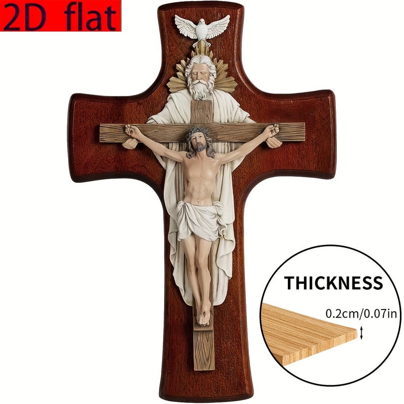 Wooden Cross Wall Hanging 2D Flat Catholic Trinity Christ Inspirational Home Decor - Image 2