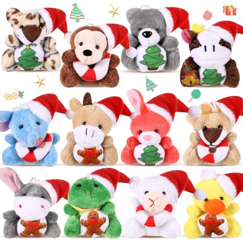 Blueweenly 12 Pcs Mini Christmas Stuffed Animal Plush Toys Plush Keychain with Santa Hat Tiny Xmas Doll Ornaments Christmas Tree Decor for Party Favors Classroom Prize Stocking Fillers - Image 1