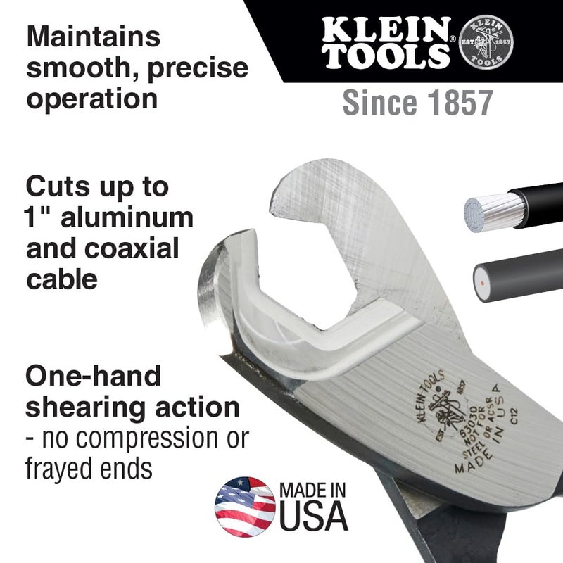 Klein Tools 63030 Cable Cutter, Made in USA, Coaxial Cable Cutter Cuts Up to 1-Inch Aluminum and Copper Coaxial Cable with One-Hand Shearing - Image 2
