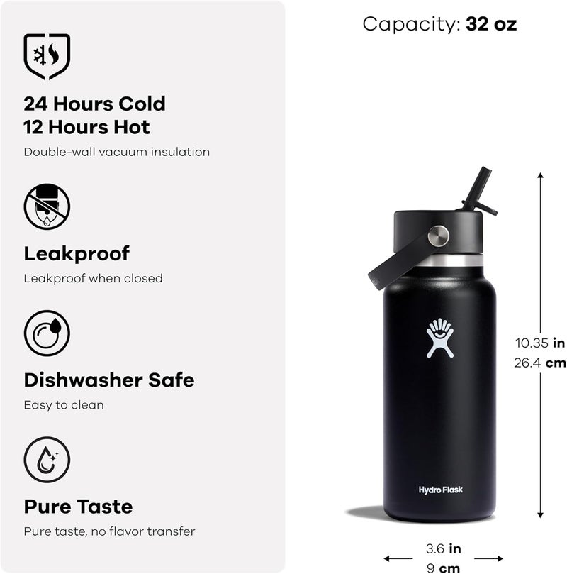 Water Bottle - Insulated Stainless Steel - Wide Mouth Flex Straw Lid, Non Spill, Leakproof and Refillable in 32 Oz Sea Rose Gold - Image 4