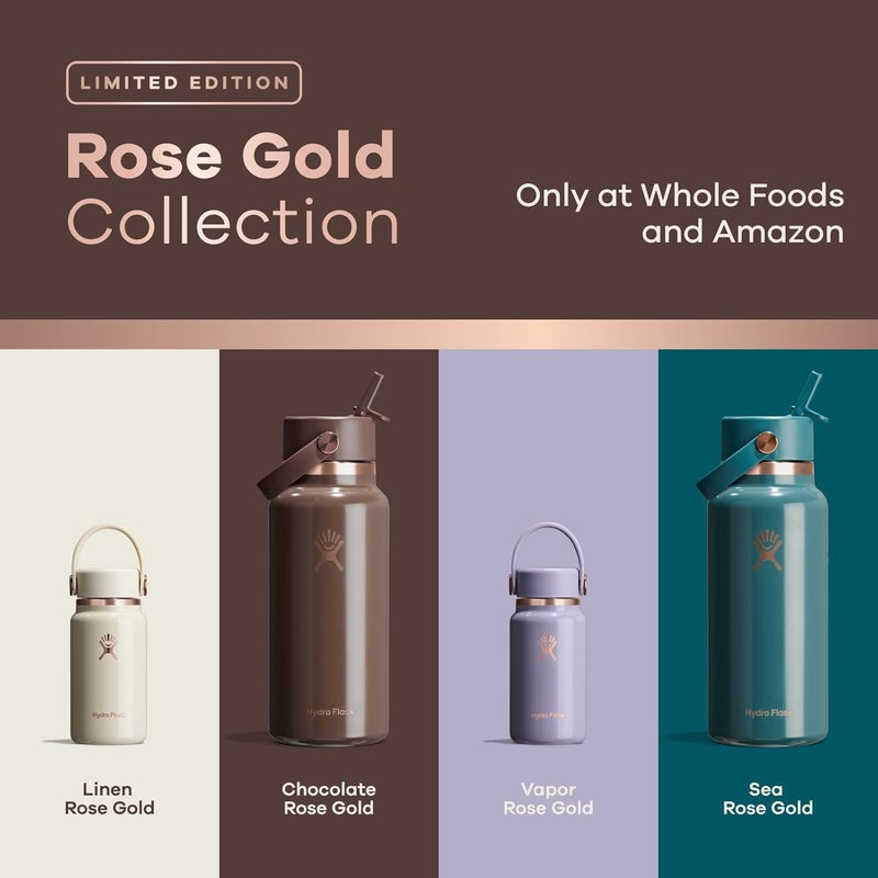 Water Bottle - Insulated Stainless Steel - Wide Mouth Flex Straw Lid, Non Spill, Leakproof and Refillable in 32 Oz Sea Rose Gold - Image 1