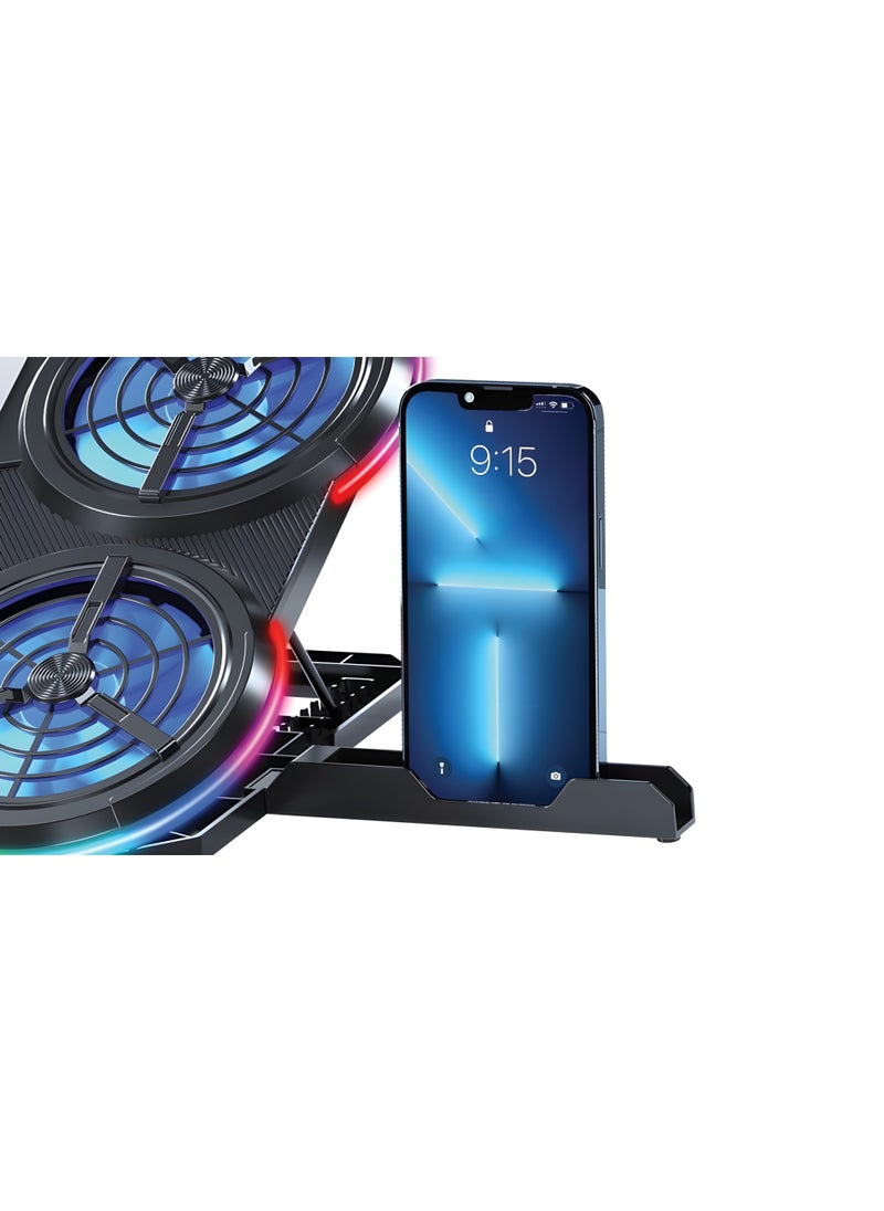 Generic ICE-08 Laptop Fan with RGB Lighting, LCD Screen, 2 USB Ports, Adjustable Ergonomic Design, and Built-in Mobile Phone Holder - 7-Level Stand  - Image 3