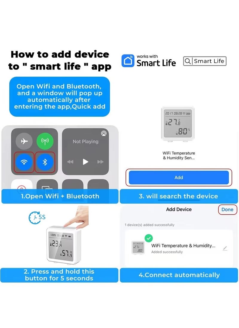 Wifi Temperature Humidity Sensor Tuya Smart Indoor Thermometer Hygrometer Detector,Works with Smart Life App,App and Voice Control，Black