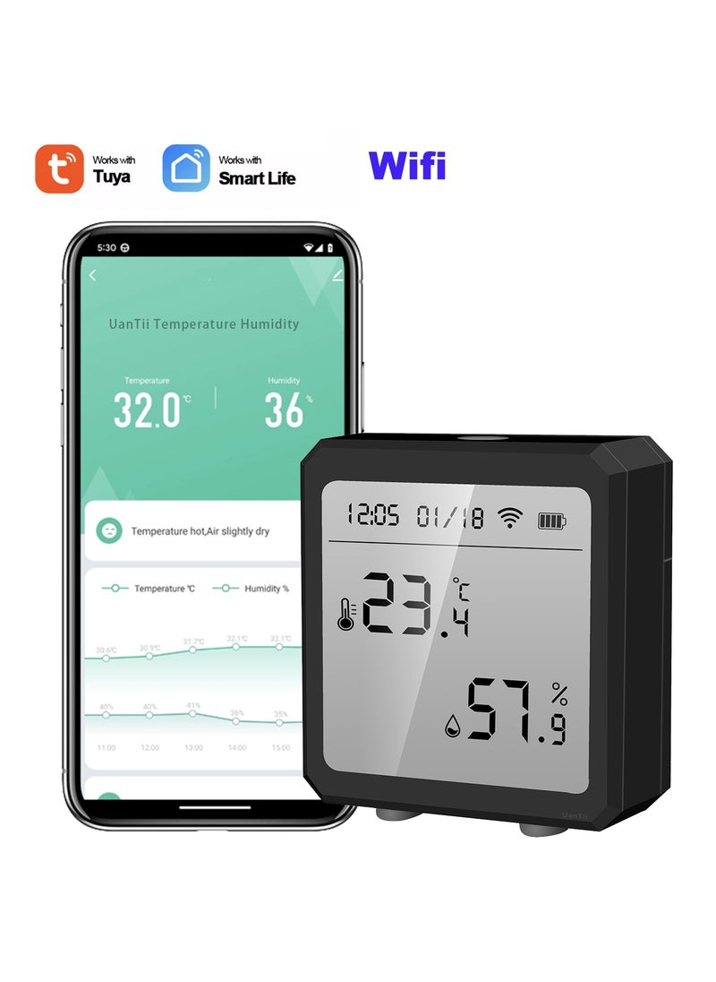 UanTii Wifi Temperature Humidity Sensor Tuya Smart Indoor Thermometer Hygrometer Detector,Works with Smart Life App,App and Voice Control，Black  - Image 1