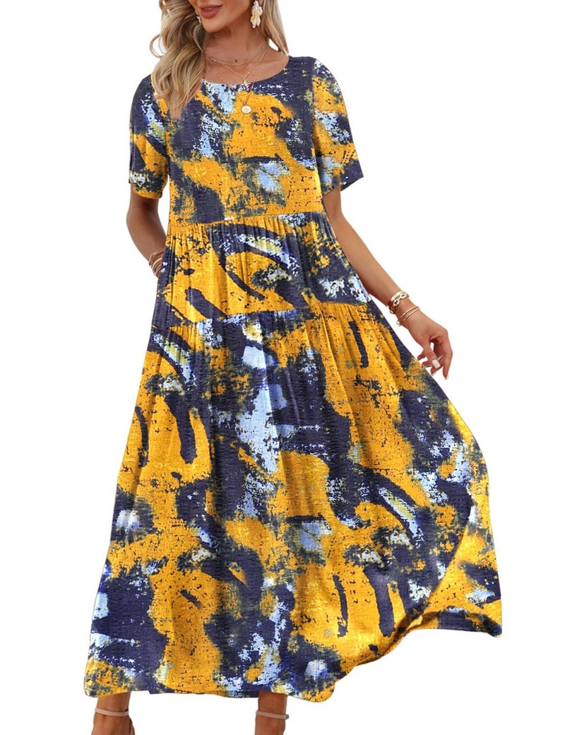 YESNO Women Casual Loose Bohemian Floral Dress with Pockets Short Sleeve Long Maxi Summer Beach Swing Dress L EJF CR141 - Image 5