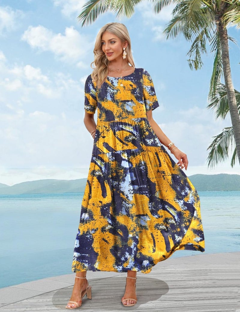 YESNO Women Casual Loose Bohemian Floral Dress with Pockets Short Sleeve Long Maxi Summer Beach Swing Dress L EJF CR141 - Image 3
